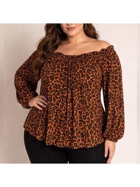 Talbots Brown Black Leopard Ruffle Long Sleeve Popover Blouse size 2X